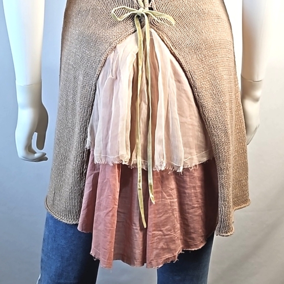 Free People Tan Knit Sequined Beaded Embellished Lace Up Ruffle Back Tunic Tank - Picture 9 of 16